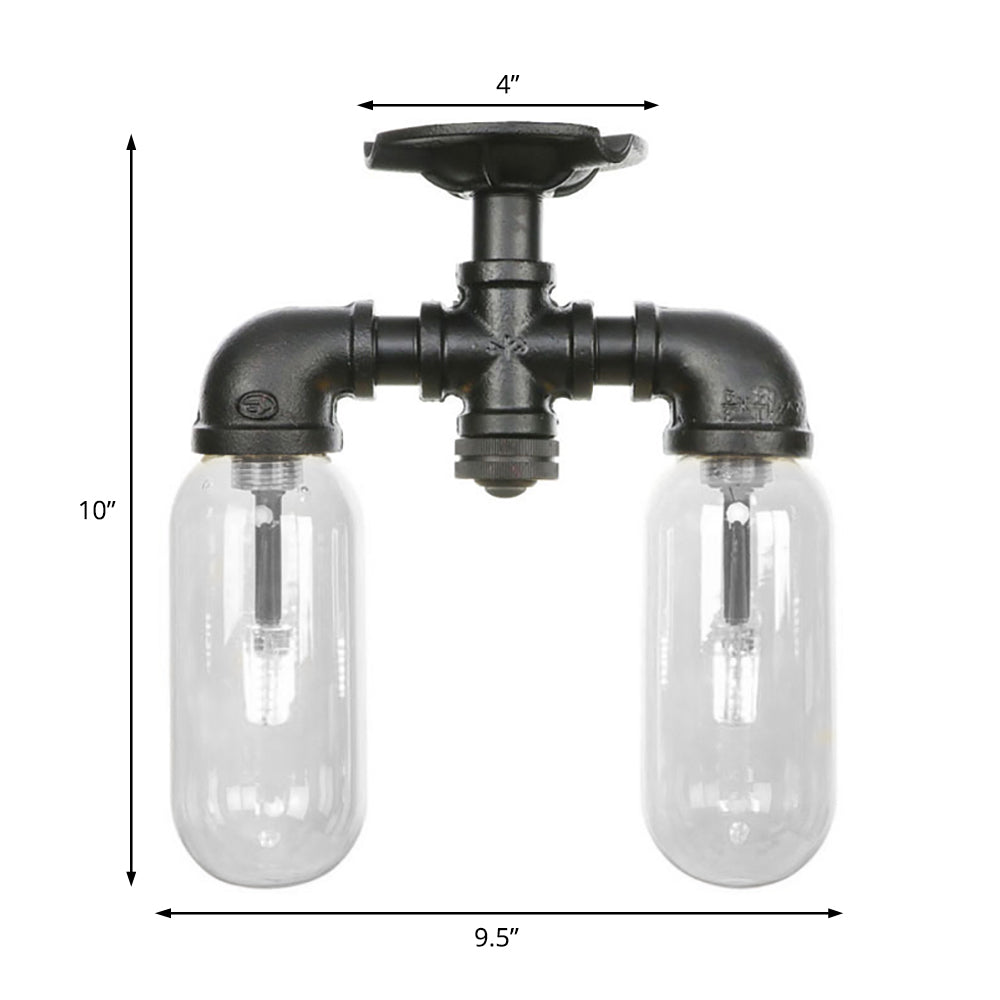 2-Light Clear Glass Semi Mount Lighting Vintage Matte Black Capsule Shade Indoor Ceiling Light with Pipe Design Clearhalo 'Ceiling Lights' 'Close To Ceiling Lights' 'Close to ceiling' 'Semi-flushmount' Lighting' 199988