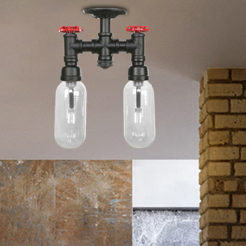 2-Light Clear Glass Semi Mount Lighting Vintage Matte Black Capsule Shade Indoor Ceiling Light with Pipe Design Clearhalo 'Ceiling Lights' 'Close To Ceiling Lights' 'Close to ceiling' 'Semi-flushmount' Lighting' 199989