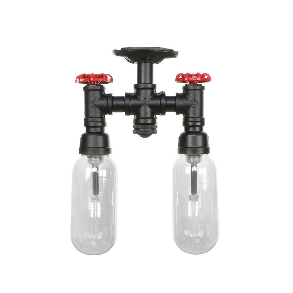 2-Light Clear Glass Semi Mount Lighting Vintage Matte Black Capsule Shade Indoor Ceiling Light with Pipe Design Clearhalo 'Ceiling Lights' 'Close To Ceiling Lights' 'Close to ceiling' 'Semi-flushmount' Lighting' 199991