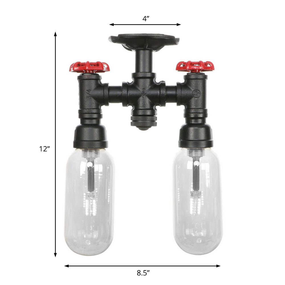 2-Light Clear Glass Semi Mount Lighting Vintage Matte Black Capsule Shade Indoor Ceiling Light with Pipe Design Clearhalo 'Ceiling Lights' 'Close To Ceiling Lights' 'Close to ceiling' 'Semi-flushmount' Lighting' 199992