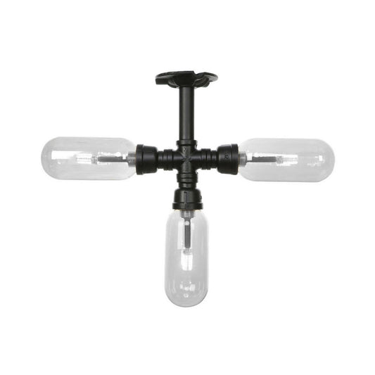 Capsule Semi Flush Light Vintage Style 3/4 Light Matte Black Clear Glass Lighting Fixture with Pipe Design Clearhalo 'Ceiling Lights' 'Close To Ceiling Lights' 'Close to ceiling' 'Semi-flushmount' Lighting' 200011