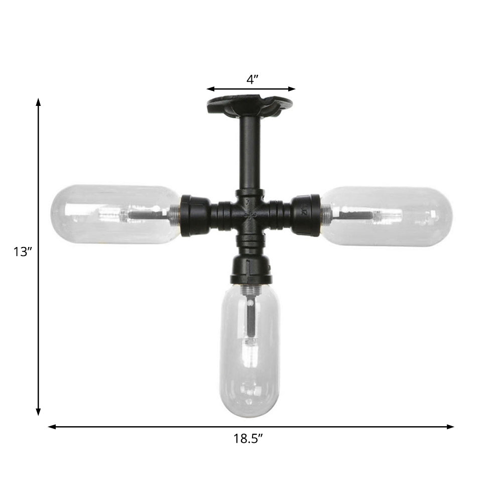 Capsule Semi Flush Light Vintage Style 3/4 Light Matte Black Clear Glass Lighting Fixture with Pipe Design Clearhalo 'Ceiling Lights' 'Close To Ceiling Lights' 'Close to ceiling' 'Semi-flushmount' Lighting' 200012