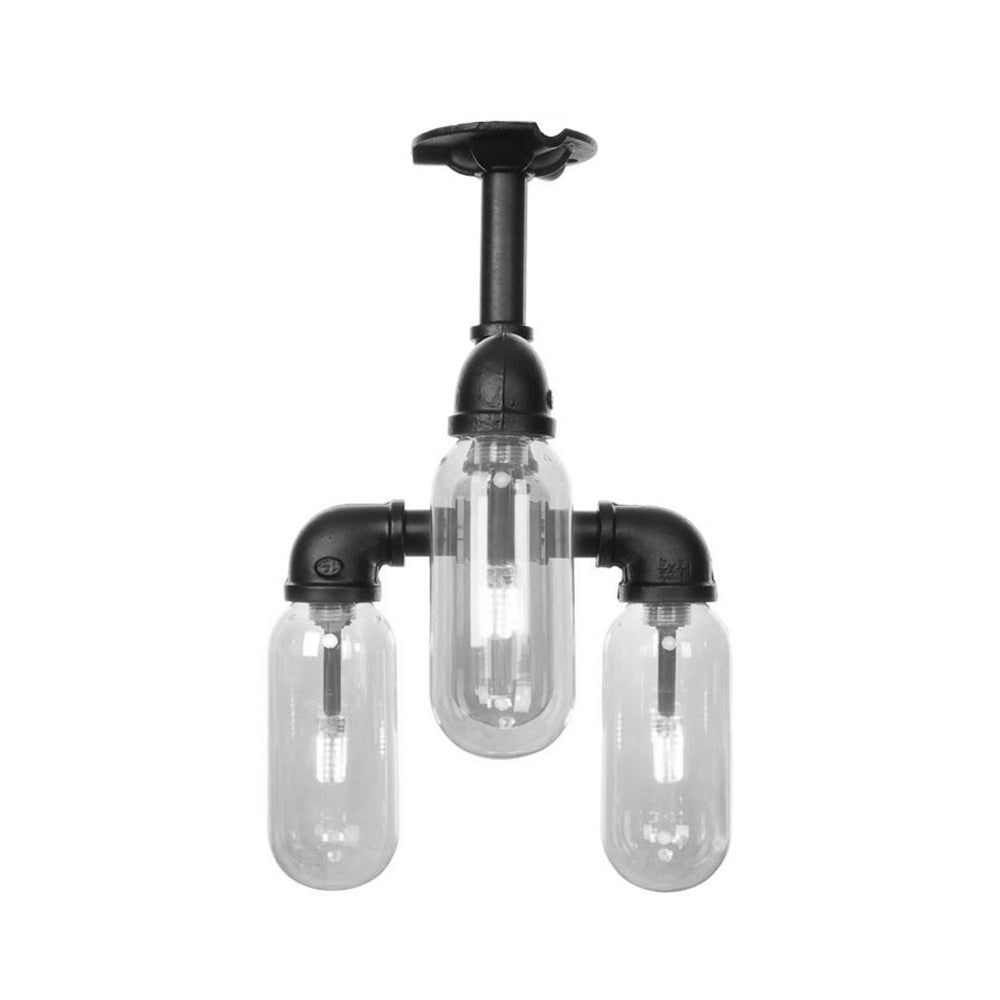 Capsule Semi Flush Light Vintage Style 3/4 Light Matte Black Clear Glass Lighting Fixture with Pipe Design Clearhalo 'Ceiling Lights' 'Close To Ceiling Lights' 'Close to ceiling' 'Semi-flushmount' Lighting' 200019