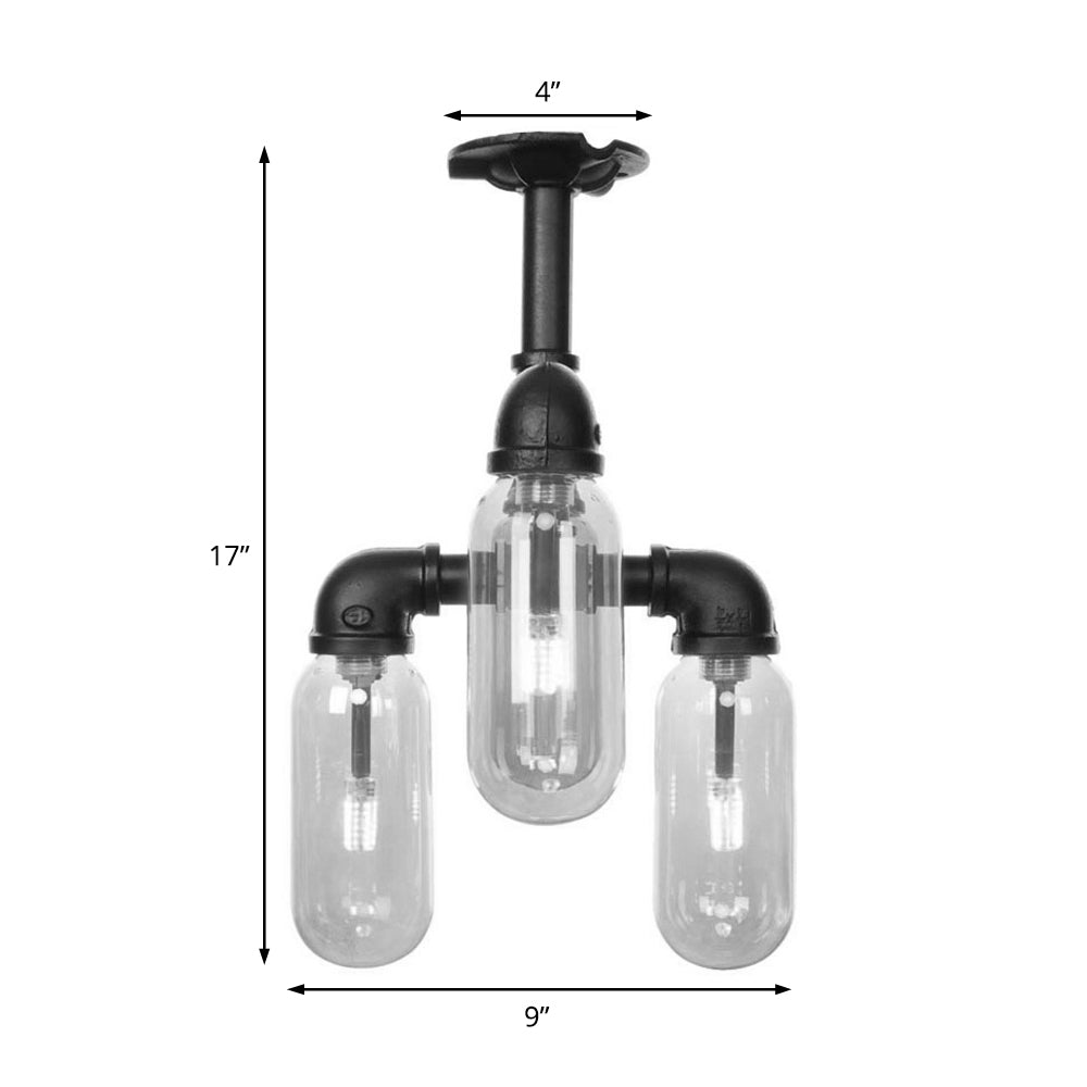 Capsule Semi Flush Light Vintage Style 3/4 Light Matte Black Clear Glass Lighting Fixture with Pipe Design Clearhalo 'Ceiling Lights' 'Close To Ceiling Lights' 'Close to ceiling' 'Semi-flushmount' Lighting' 200020