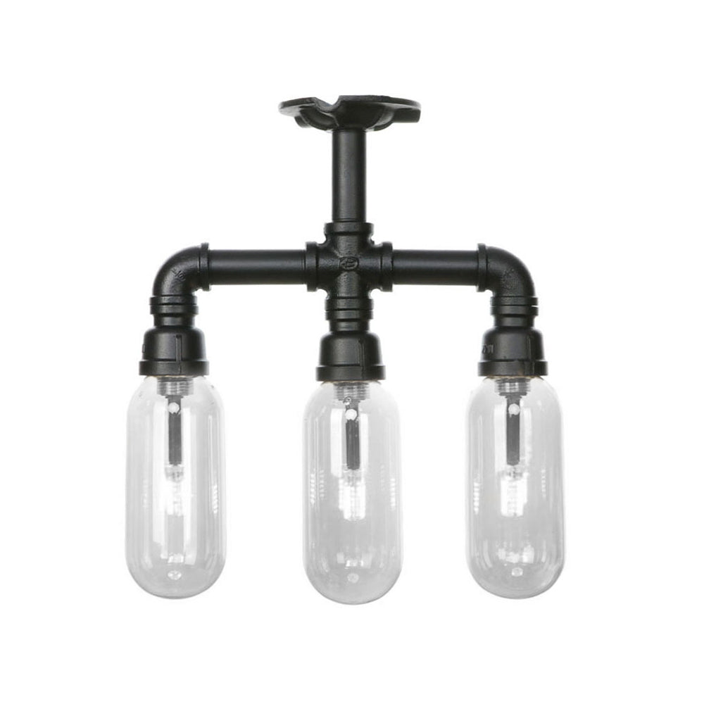 Capsule Semi Flush Light Vintage Style 3/4 Light Matte Black Clear Glass Lighting Fixture with Pipe Design Clearhalo 'Ceiling Lights' 'Close To Ceiling Lights' 'Close to ceiling' 'Semi-flushmount' Lighting' 200023