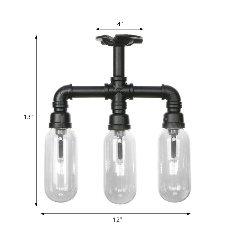 Capsule Semi Flush Light Vintage Style 3/4 Light Matte Black Clear Glass Lighting Fixture with Pipe Design Clearhalo 'Ceiling Lights' 'Close To Ceiling Lights' 'Close to ceiling' 'Semi-flushmount' Lighting' 200024