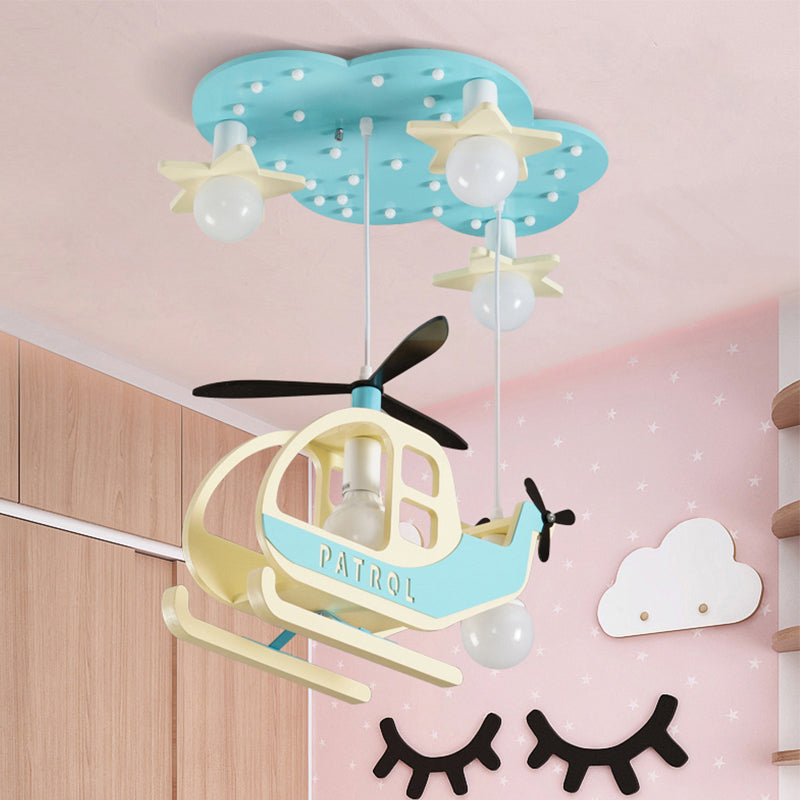 Kid Bedroom Helicopter Pendant Light Metal Cartoon Blue Hanging Chandelier with Cloud Shape Canopy Blue Clearhalo 'Ceiling Lights' 'Pendant Lights' 'Pendants' Lighting' 200375_d43bde9d-3c75-4f71-bb7f-4f9d05e475ad