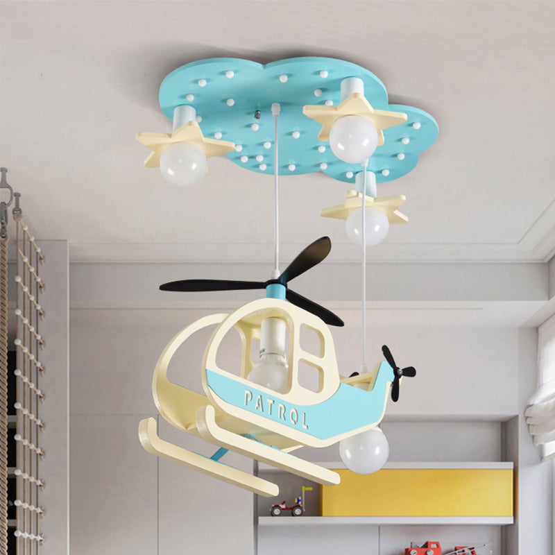 Kid Bedroom Helicopter Pendant Light Metal Cartoon Blue Hanging Chandelier with Cloud Shape Canopy Clearhalo 'Ceiling Lights' 'Pendant Lights' 'Pendants' Lighting' 200376