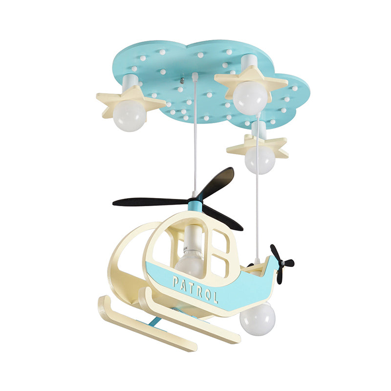 Kid Bedroom Helicopter Pendant Light Metal Cartoon Blue Hanging Chandelier with Cloud Shape Canopy Clearhalo 'Ceiling Lights' 'Pendant Lights' 'Pendants' Lighting' 200377