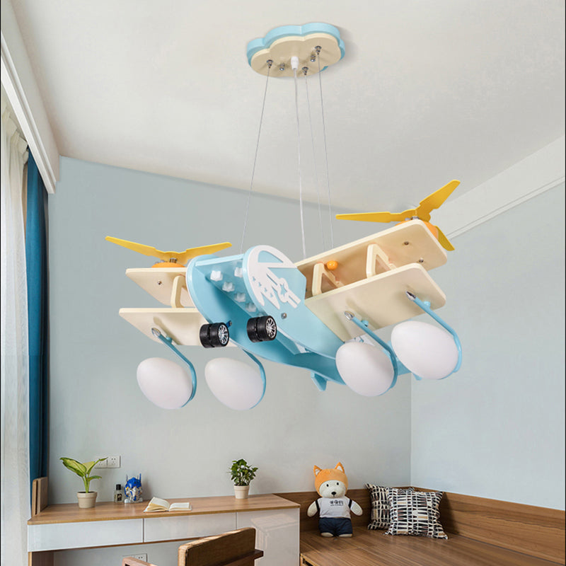 Blue Fighter Plane Hanging Lamp Fixture Wooden Hanging Chandelier for Child Bedroom Clearhalo 'Ceiling Lights' 'Chandeliers' Lighting' options 200403