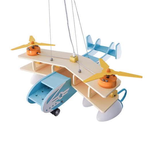 Blue Fighter Plane Hanging Lamp Fixture Wooden Hanging Chandelier for Child Bedroom Clearhalo 'Ceiling Lights' 'Chandeliers' Lighting' options 200404