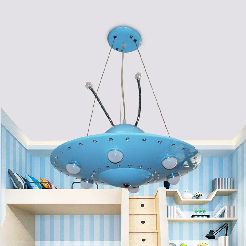 Cartoon Blue UFO Chandelier Lighting Metal Integrated Led Bedroom Pendant Light for Boy Clearhalo 'Ceiling Lights' 'Pendant Lights' 'Pendants' Lighting' 200407