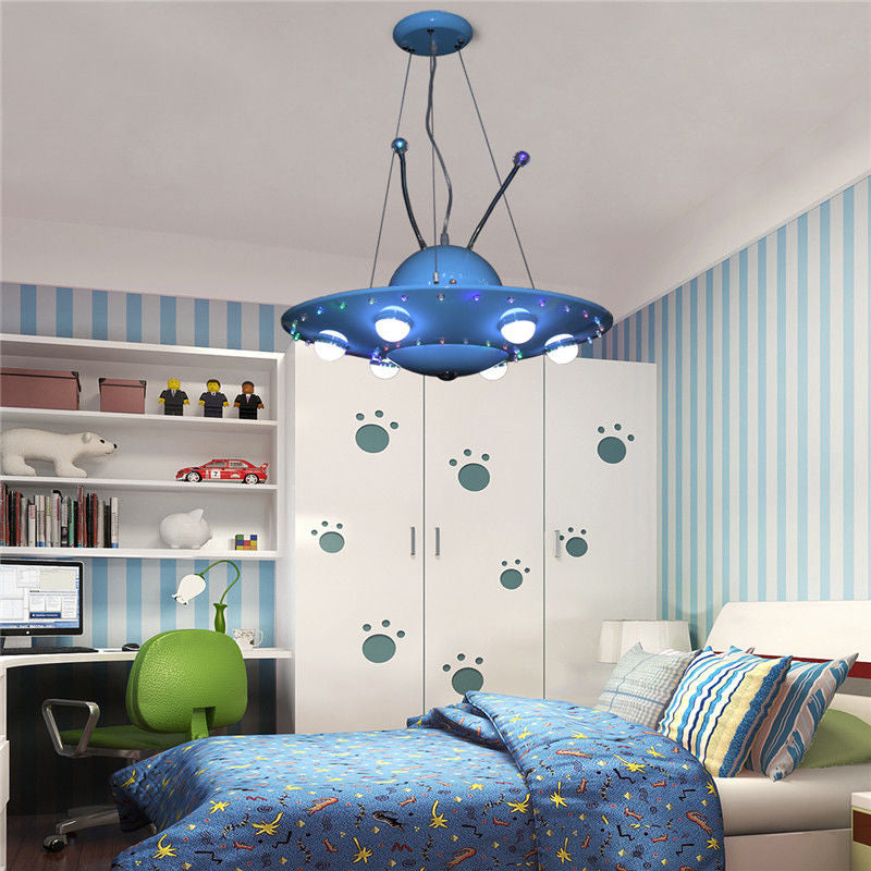 Cartoon Blue UFO Chandelier Lighting Metal Integrated Led Bedroom Pendant Light for Boy Clearhalo 'Ceiling Lights' 'Pendant Lights' 'Pendants' Lighting' 200408