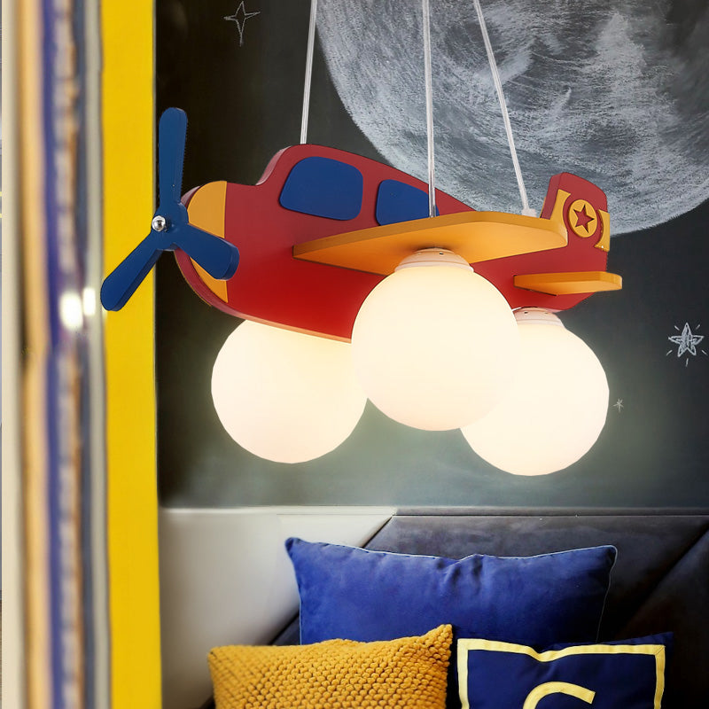 Kid Bedroom Plane Hanging Light with Opal Glass Ball Shade Cartoon 3 Heads Hanging Pendant Light in Blue/Yellow Clearhalo 'Ceiling Lights' 'Chandeliers' Lighting' options 200449