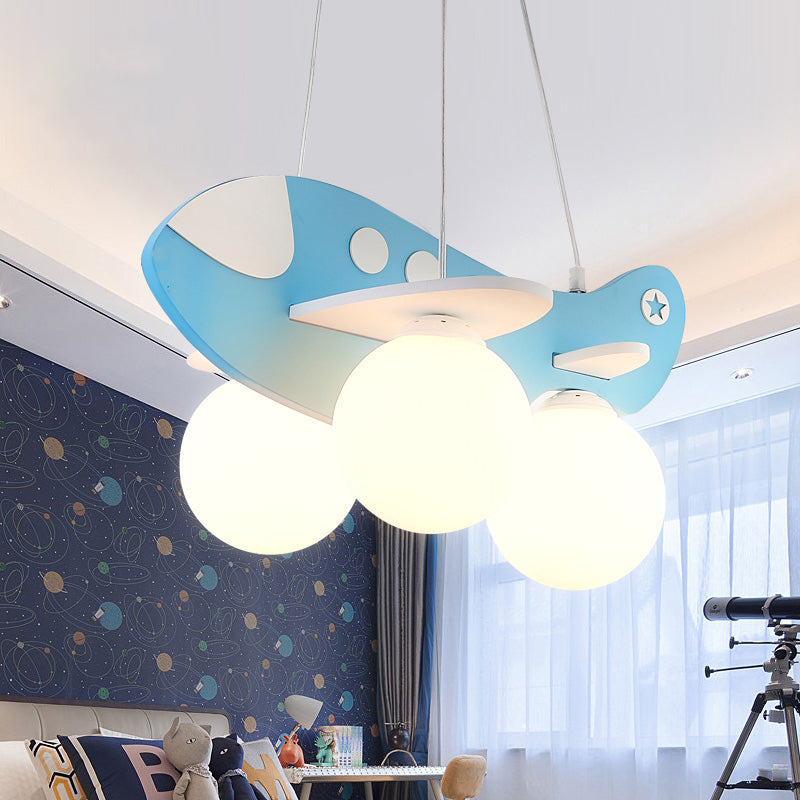 Kid Bedroom Plane Hanging Light with Opal Glass Ball Shade Cartoon 3 Heads Hanging Pendant Light in Blue/Yellow Clearhalo 'Ceiling Lights' 'Chandeliers' Lighting' options 200453