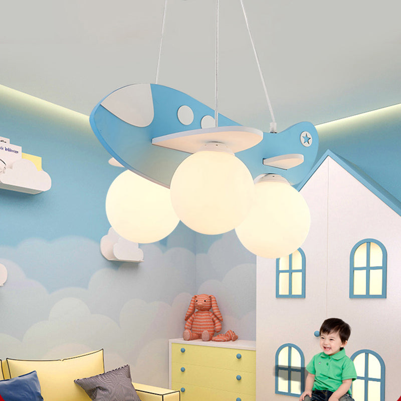 Kid Bedroom Plane Hanging Light with Opal Glass Ball Shade Cartoon 3 Heads Hanging Pendant Light in Blue/Yellow Clearhalo 'Ceiling Lights' 'Chandeliers' Lighting' options 200454