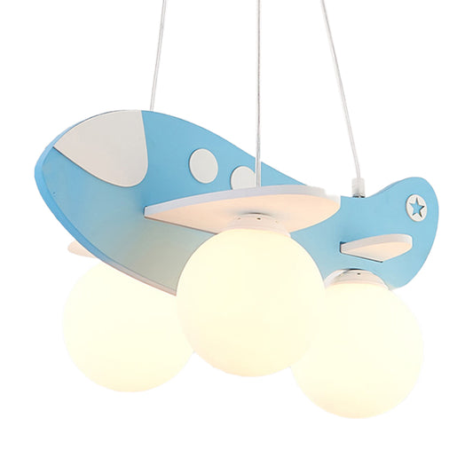 Kid Bedroom Plane Hanging Light with Opal Glass Ball Shade Cartoon 3 Heads Hanging Pendant Light in Blue/Yellow Clearhalo 'Ceiling Lights' 'Chandeliers' Lighting' options 200455