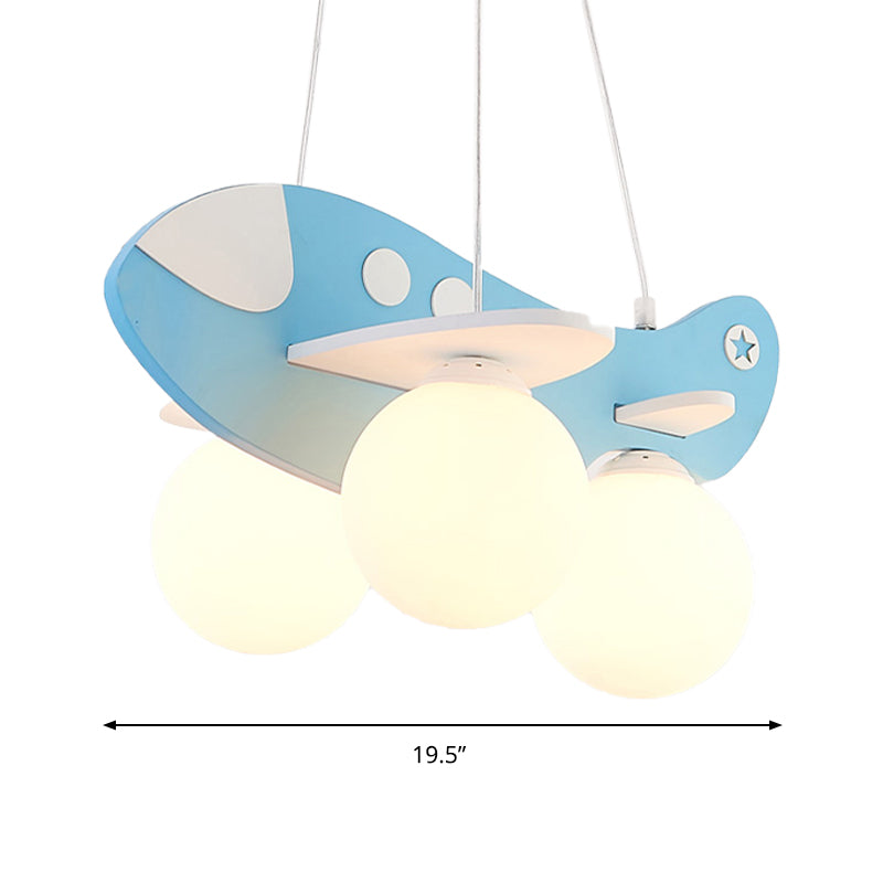 Kid Bedroom Plane Hanging Light with Opal Glass Ball Shade Cartoon 3 Heads Hanging Pendant Light in Blue/Yellow Clearhalo 'Ceiling Lights' 'Chandeliers' Lighting' options 200456