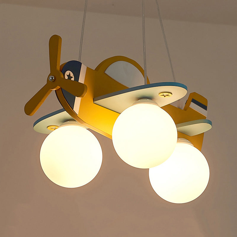 Kid Bedroom Plane Hanging Light with Opal Glass Ball Shade Cartoon 3 Heads Hanging Pendant Light in Blue/Yellow Clearhalo 'Ceiling Lights' 'Chandeliers' Lighting' options 200457