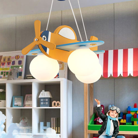 Kid Bedroom Plane Hanging Light with Opal Glass Ball Shade Cartoon 3 Heads Hanging Pendant Light in Blue/Yellow Clearhalo 'Ceiling Lights' 'Chandeliers' Lighting' options 200458