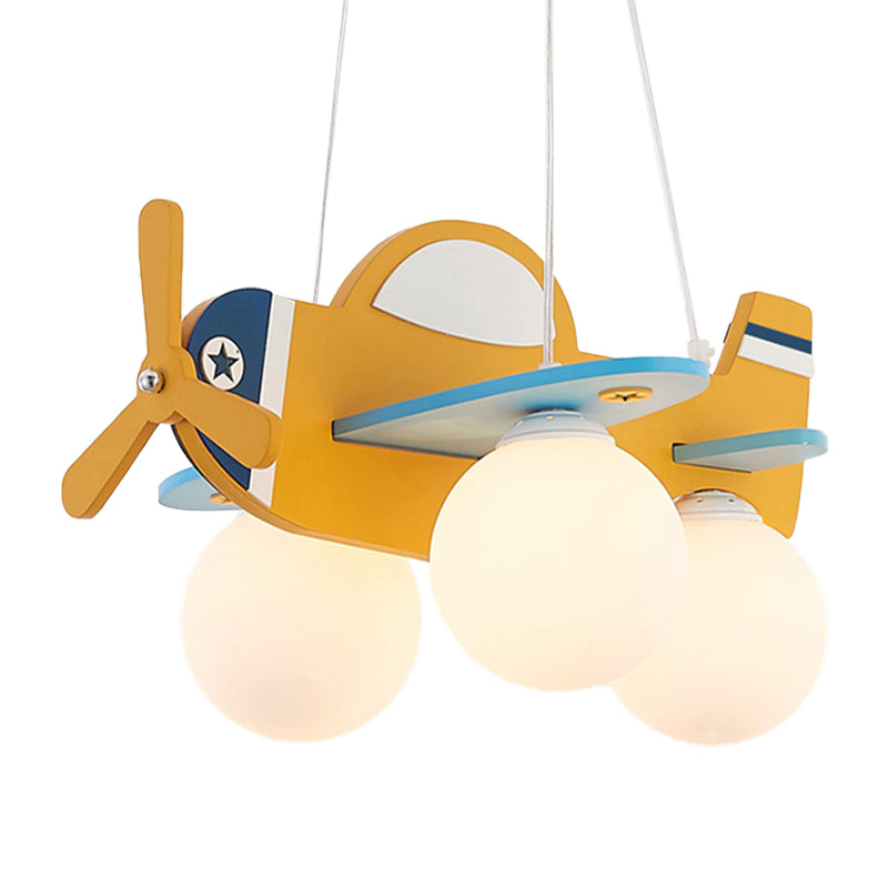 Kid Bedroom Plane Hanging Light with Opal Glass Ball Shade Cartoon 3 Heads Hanging Pendant Light in Blue/Yellow Clearhalo 'Ceiling Lights' 'Chandeliers' Lighting' options 200459