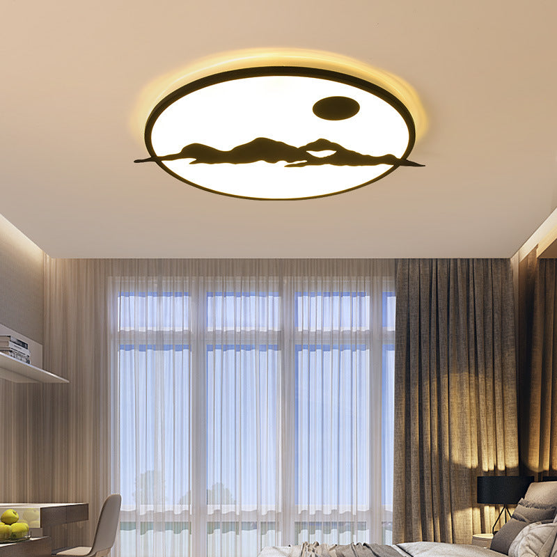 Creative Black LED Ceiling Lamp Sun Mountain Acrylic Flush Ceiling Light for Living Room Office Black 18" Clearhalo 'Ceiling Lights' 'Close To Ceiling Lights' 'Close to ceiling' 'Flush mount' Lighting' 200647