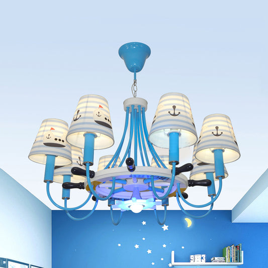 Blue Tapered Shade Hanging Chandelier Seaside Fabric Hanging Lights for Living Room Clearhalo 'Ceiling Lights' 'Chandeliers' Lighting' options 200688