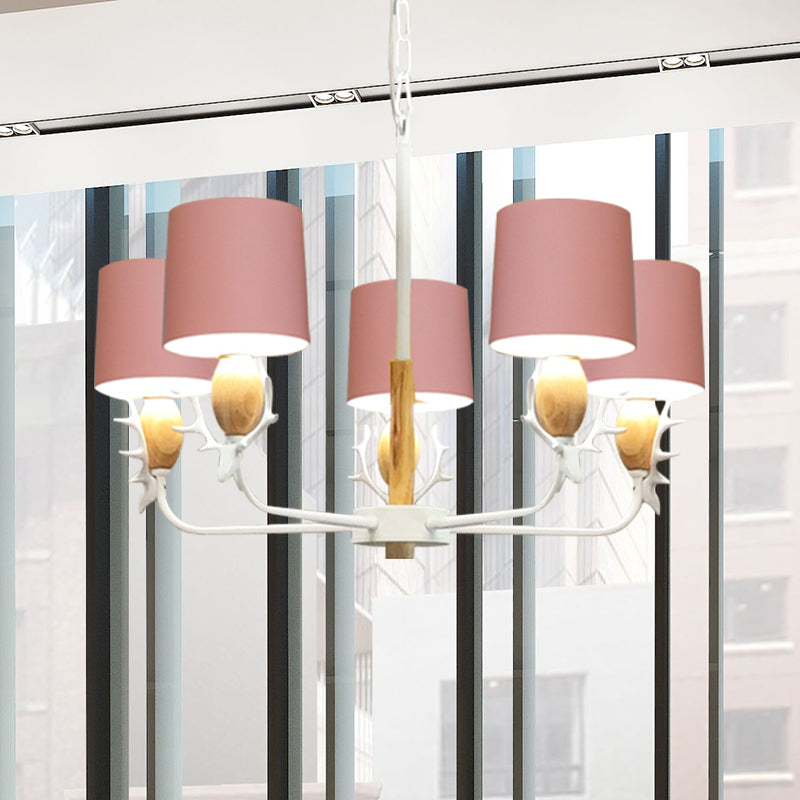 Scandinavian Deer Horn Hanging Lights Metal Wood Chandelier Light for Living Room 5 Pink Clearhalo 'Ceiling Lights' 'Chandeliers' Lighting' options 200869_00e3c361-aaef-4e38-baf4-4c994a97790b