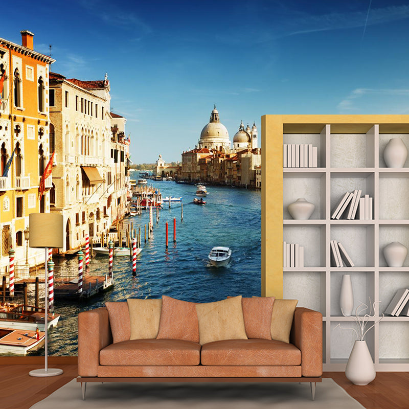 Waterproof Venice Floating City Mural Modern Non-Woven Wall Covering, Customized Size Dark Blue Clearhalo 'Wall Decor' 'Wall Mural' 2009093