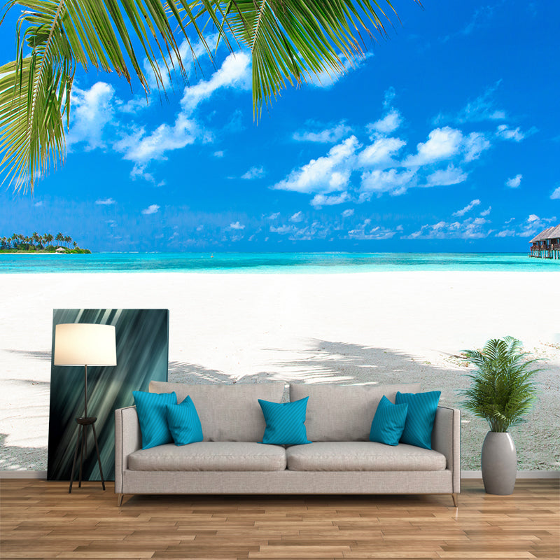 Beach with Palm Tree Mural Bright Tropical Wall Covering for Accent Wall, Custom Size White Clearhalo 'Wall Decor' 'Wall Mural' 2009303