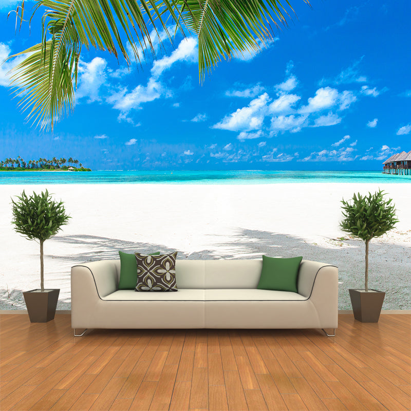 Beach with Palm Tree Mural Bright Tropical Wall Covering for Accent Wall, Custom Size Clearhalo 'Wall Decor' 'Wall Mural' 2009304