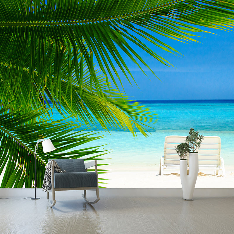 Beach with Palm Tree Mural Bright Tropical Wall Covering for Accent Wall, Custom Size Clearhalo 'Wall Decor' 'Wall Mural' 2009324