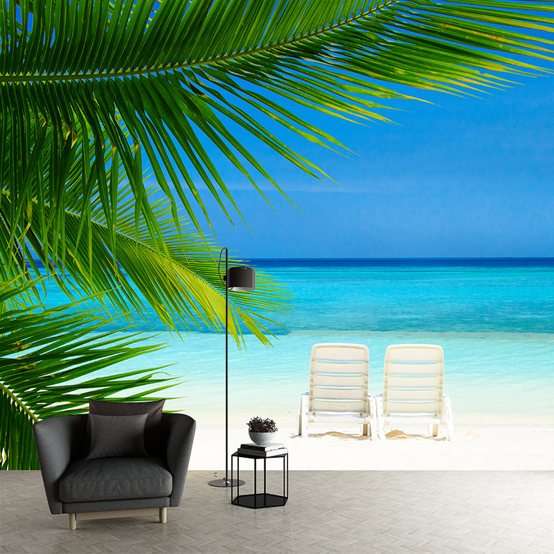 Beach with Palm Tree Mural Bright Tropical Wall Covering for Accent Wall, Custom Size Clearhalo 'Wall Decor' 'Wall Mural' 2009325