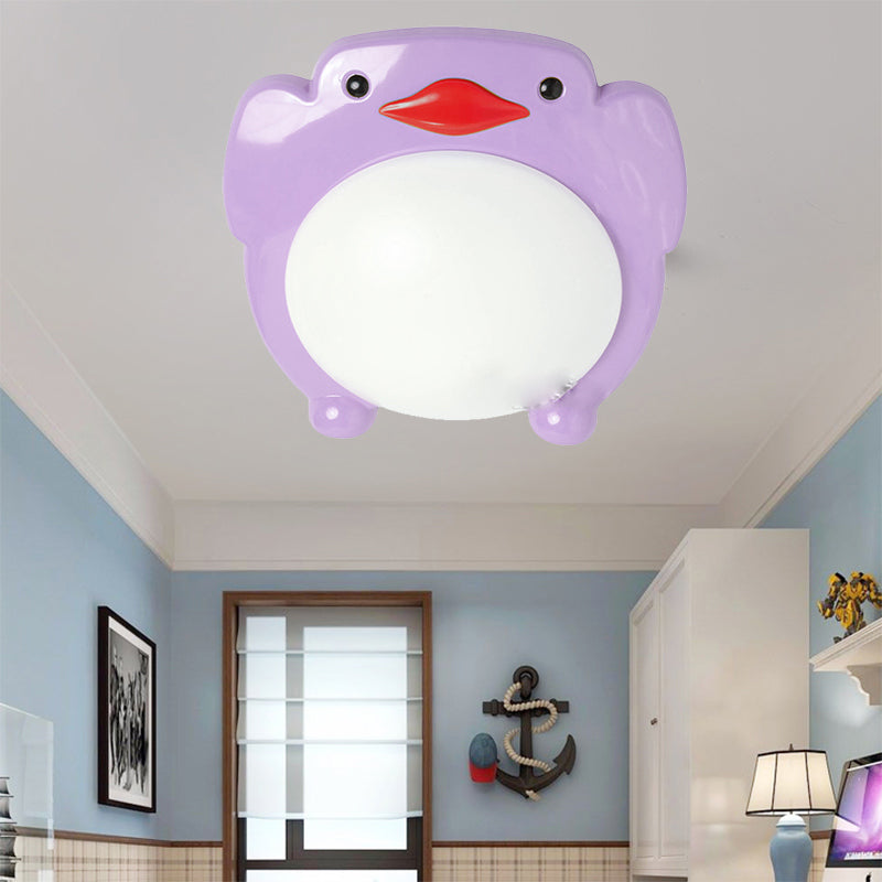 Cartoon Penguin LED Flush Ceiling Lights Metal Flush Mount Light for Kid Bedroom Purple Clearhalo 'Ceiling Lights' 'Close To Ceiling Lights' 'Close to ceiling' 'Flush mount' Lighting' 201009