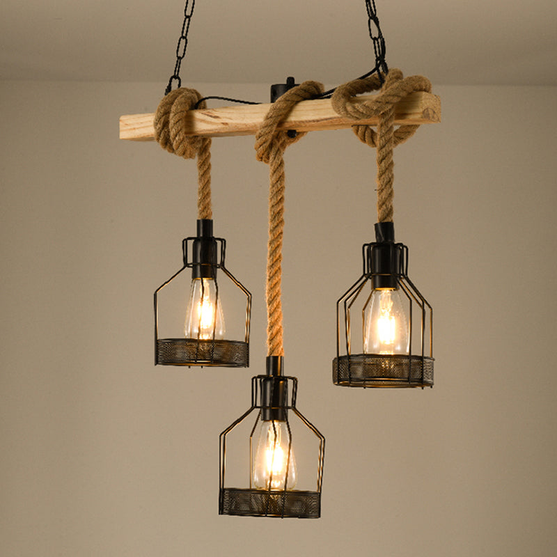 Metallic Island Pendant Lamp Industrial Black Geometry Dining Room Hanging Light Fixture with Jute Rope Cord 3 Black B Clearhalo 'Ceiling Lights' 'Island Lights' Lighting' 2010572