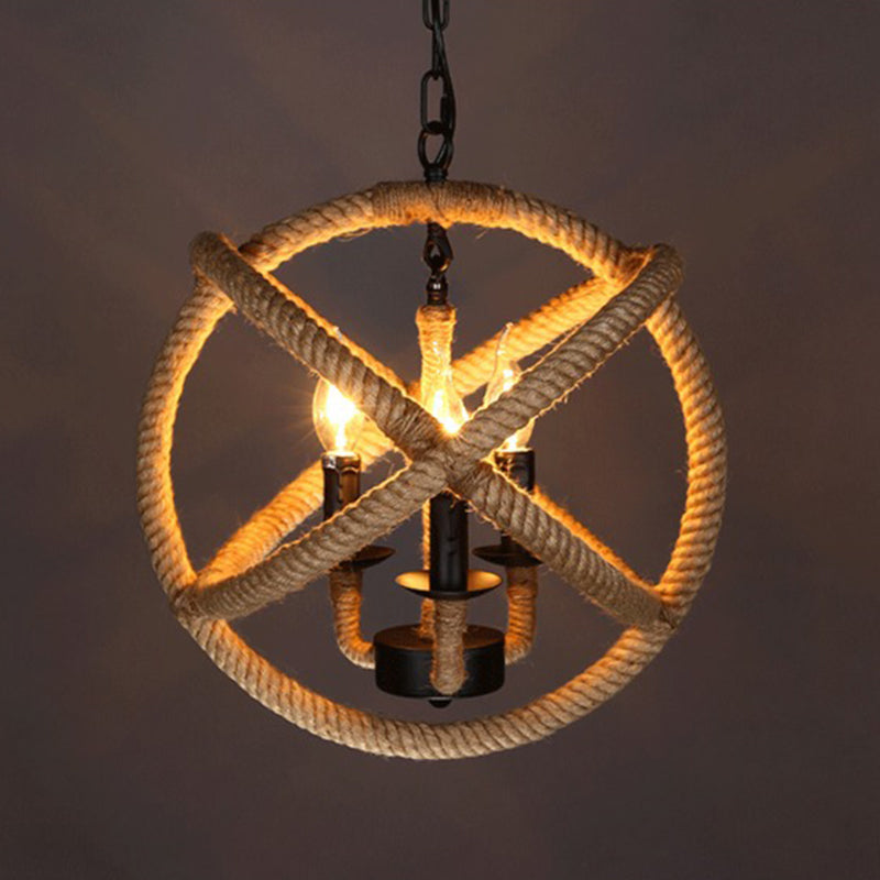 Factory Globe Chandelier Lamp 3 Heads Hemp Rope Pendant Lighting Fixture in Beige Beige Clearhalo 'Cast Iron' 'Ceiling Lights' 'Chandeliers' 'Industrial Chandeliers' 'Industrial' 'Metal' 'Middle Century Chandeliers' 'Rustic Chandeliers' 'Tiffany' Lighting' 2010575