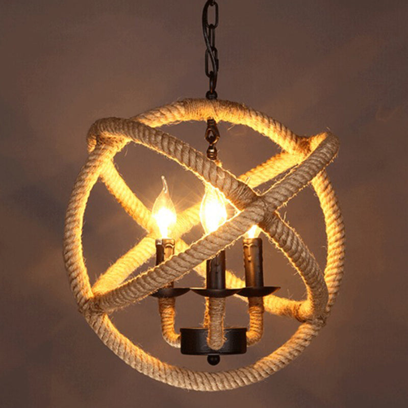 Factory Globe Chandelier Lamp 3 Heads Hemp Rope Pendant Lighting Fixture in Beige Clearhalo 'Cast Iron' 'Ceiling Lights' 'Chandeliers' 'Industrial Chandeliers' 'Industrial' 'Metal' 'Middle Century Chandeliers' 'Rustic Chandeliers' 'Tiffany' Lighting' 2010576