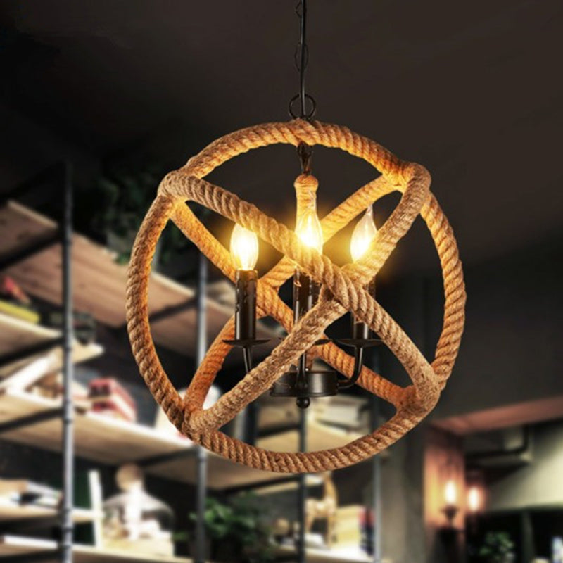 Factory Globe Chandelier Lamp 3 Heads Hemp Rope Pendant Lighting Fixture in Beige Clearhalo 'Cast Iron' 'Ceiling Lights' 'Chandeliers' 'Industrial Chandeliers' 'Industrial' 'Metal' 'Middle Century Chandeliers' 'Rustic Chandeliers' 'Tiffany' Lighting' 2010578