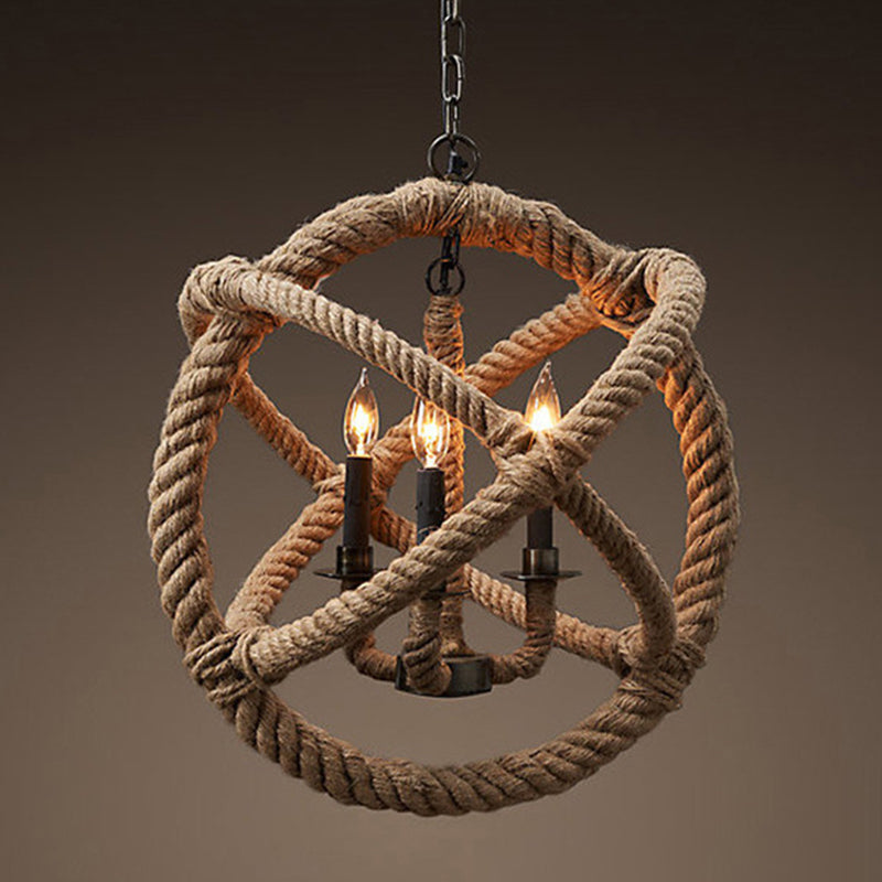 Factory Globe Chandelier Lamp 3 Heads Hemp Rope Pendant Lighting Fixture in Beige Clearhalo 'Cast Iron' 'Ceiling Lights' 'Chandeliers' 'Industrial Chandeliers' 'Industrial' 'Metal' 'Middle Century Chandeliers' 'Rustic Chandeliers' 'Tiffany' Lighting' 2010579