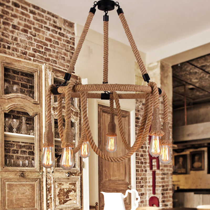 Hemp Rope Exposed Bulb Chandelier Antiqued Restaurant Pendant Light Kit in Beige 6 Beige Clearhalo 'Cast Iron' 'Ceiling Lights' 'Chandeliers' 'Industrial Chandeliers' 'Industrial' 'Metal' 'Middle Century Chandeliers' 'Rustic Chandeliers' 'Tiffany' Lighting' 2010598