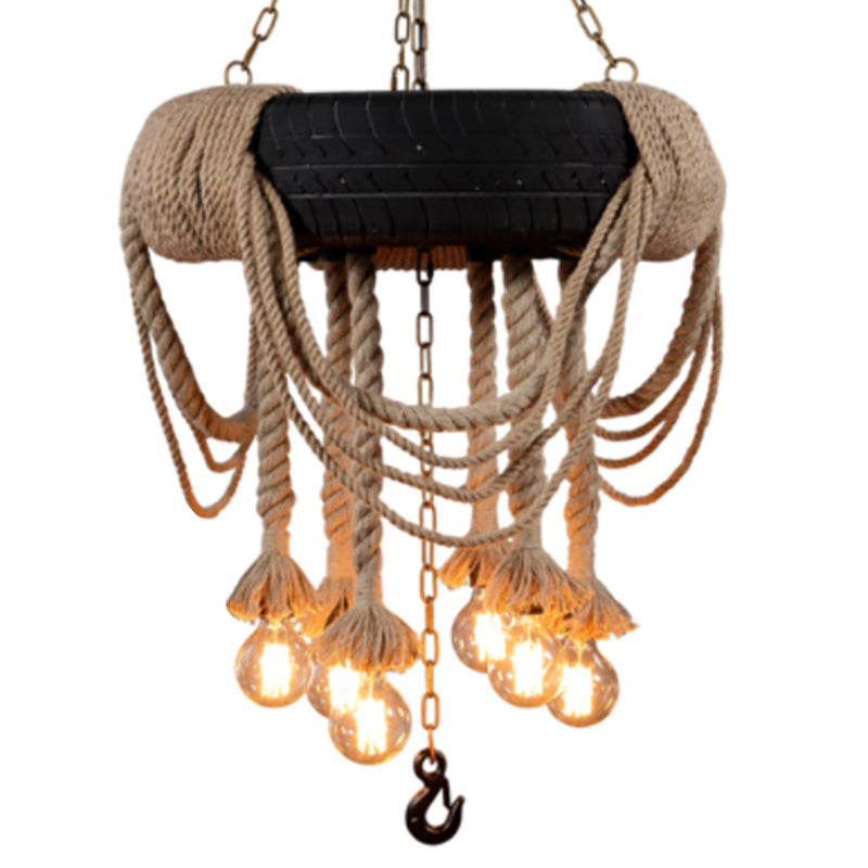 Black Tyre Hanging Chandelier Warehouse Rope 5 Lights Restaurant Suspension Pendant Light Clearhalo 'Ceiling Lights' 'Chandeliers' 'Industrial Chandeliers' 'Industrial' 'Middle Century Chandeliers' 'Tiffany' Lighting' 2010613