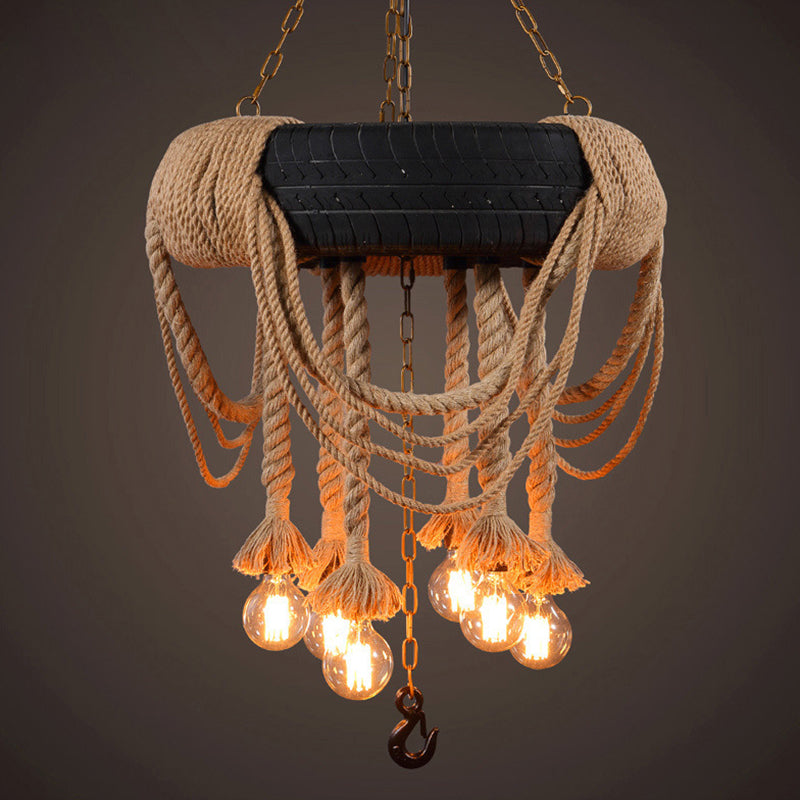 Black Tyre Hanging Chandelier Warehouse Rope 5 Lights Restaurant Suspension Pendant Light Clearhalo 'Ceiling Lights' 'Chandeliers' 'Industrial Chandeliers' 'Industrial' 'Middle Century Chandeliers' 'Tiffany' Lighting' 2010616