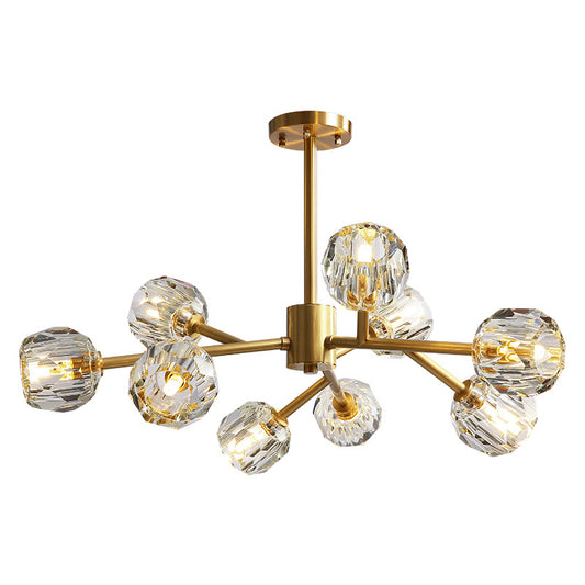 Beveled Cut Crystal Ball Chandelier Modern 6/15/18-Bulb Living Room Suspended Lighting Fixture in Brass 9 Brass Clearhalo 'Ceiling Lights' 'Chandeliers' 'Modern Chandeliers' 'Modern' Lighting' 2010643