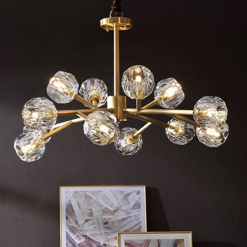 Beveled Cut Crystal Ball Chandelier Modern 6/15/18-Bulb Living Room Suspended Lighting Fixture in Brass 12 Brass Clearhalo 'Ceiling Lights' 'Chandeliers' 'Modern Chandeliers' 'Modern' Lighting' 2010646