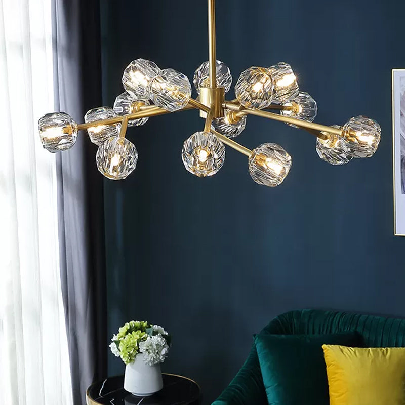 Beveled Cut Crystal Ball Chandelier Modern 6/15/18-Bulb Living Room Suspended Lighting Fixture in Brass 15 Brass Clearhalo 'Ceiling Lights' 'Chandeliers' 'Modern Chandeliers' 'Modern' Lighting' 2010648