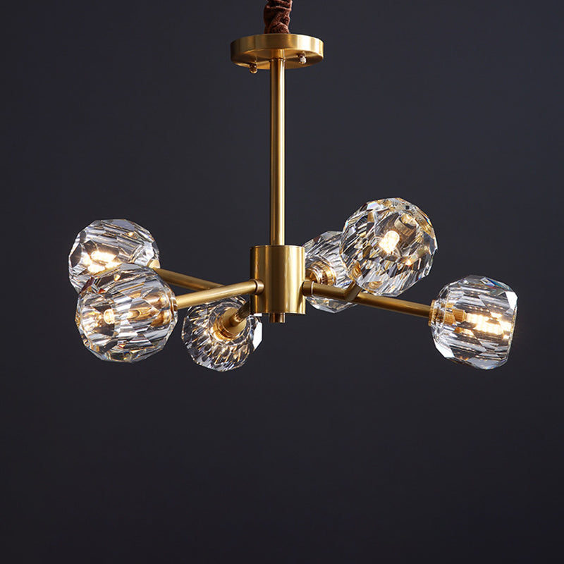 Beveled Cut Crystal Ball Chandelier Modern 6/15/18-Bulb Living Room Suspended Lighting Fixture in Brass 6 Brass Clearhalo 'Ceiling Lights' 'Chandeliers' 'Modern Chandeliers' 'Modern' Lighting' 2010650