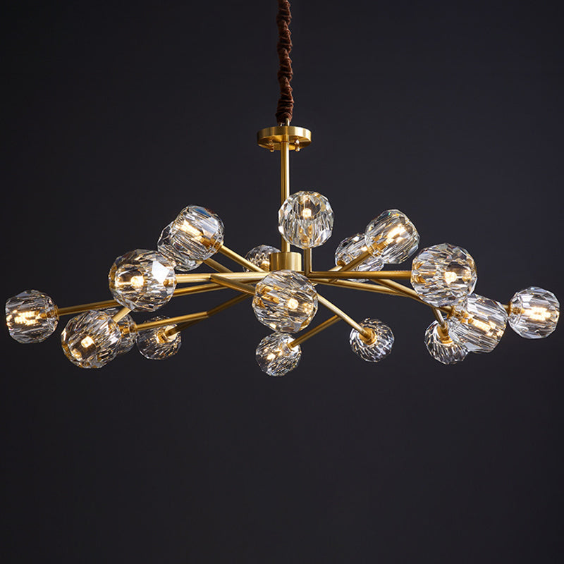 Beveled Cut Crystal Ball Chandelier Modern 6/15/18-Bulb Living Room Suspended Lighting Fixture in Brass 18 Brass Clearhalo 'Ceiling Lights' 'Chandeliers' 'Modern Chandeliers' 'Modern' Lighting' 2010651