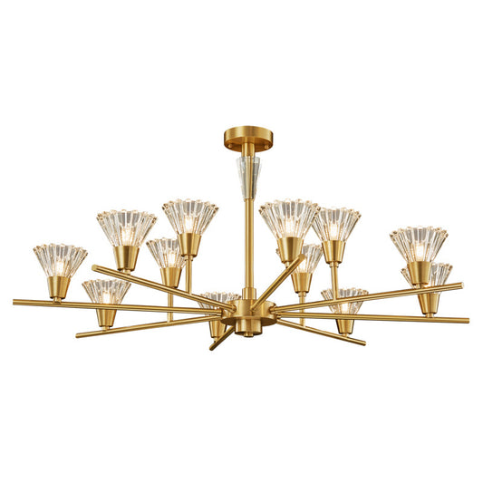 Brass Flower-Like Pendant Light Fixture Modern Clear Glass 6/8/12 Heads Living Room Up Chandelier Clearhalo 'Ceiling Lights' 'Chandeliers' 'Modern Chandeliers' 'Modern' Lighting' 2010672