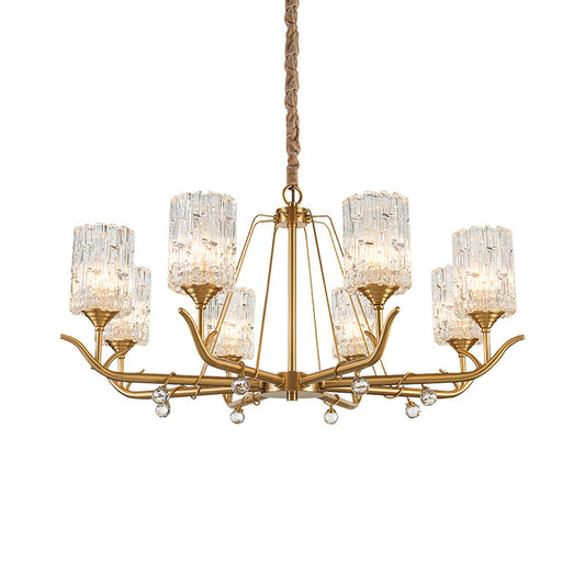 3/6/8-Light Hand-Blown Textured Glass Chandelier Postmodern Brass Cylinder Dining Room Hanging Ceiling Light 8 Brass Clearhalo 'Ceiling Lights' 'Chandeliers' 'Modern Chandeliers' 'Modern' Lighting' 2010677