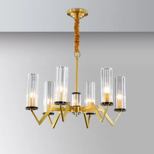 Tube Shade Bedroom Pendant Light Post-Modern Clear Glass Prism 6/8-Bulb Brass Finish Chandelier 6 Brass Clearhalo 'Ceiling Lights' 'Chandeliers' 'Modern Chandeliers' 'Modern' Lighting' 2010686